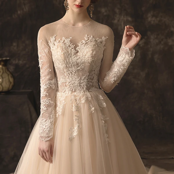 Élégant Champagne Robe De Mariée 2019 Princesse Encolure Dégagée En Dentelle Fleur Manches Longues Dos Nu Chapel Train