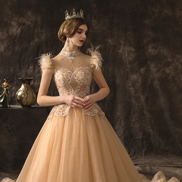 High-end Champagne Wedding Dresses 2019 A-Line / Princess High Neck Beading Sequins Lace Flower Short Sleeve Tassel Backless Cathedral Train