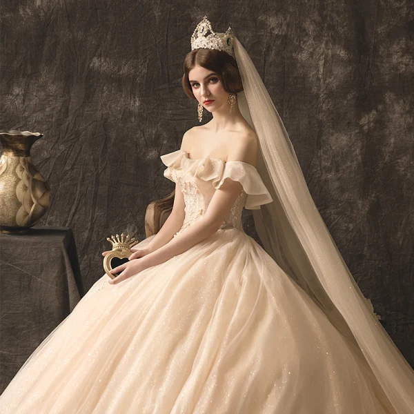 High-end Champagne Wedding Dresses 2019 A-Line / Princess Off-The-Shoulder Beading Sequins Lace Flower Sleeveless Backless Glitter Royal Train