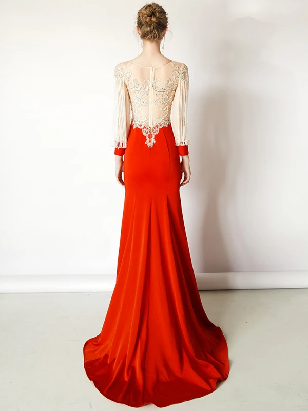 Luxury / Gorgeous Red Evening Dresses  2019 Trumpet / Mermaid Scoop Neck Lace Flower Long Sleeve Beading Tassel Sweep Train Formal Dresses