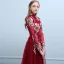 Chinese style Burgundy Evening Dresses  2019 A-Line / Princess High Neck Buttons Beading Bow Lace Flower Long Sleeve Backless Floor-Length / Long Formal Dresses
