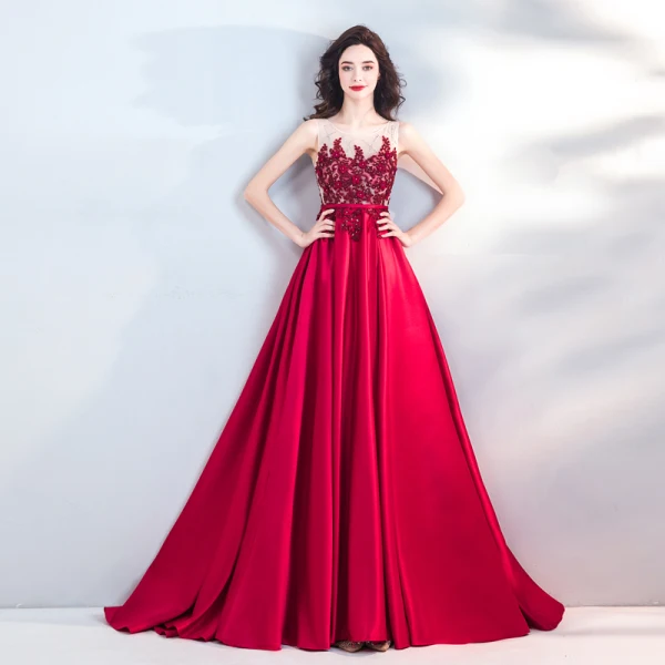 Chic / Beautiful Burgundy Evening Dresses 2019 A-Line / Princess Scoop Neck Beading Appliques Lace Flower Pearl Rhinestone Sequins Sleeveless Court Train Formal Dresses