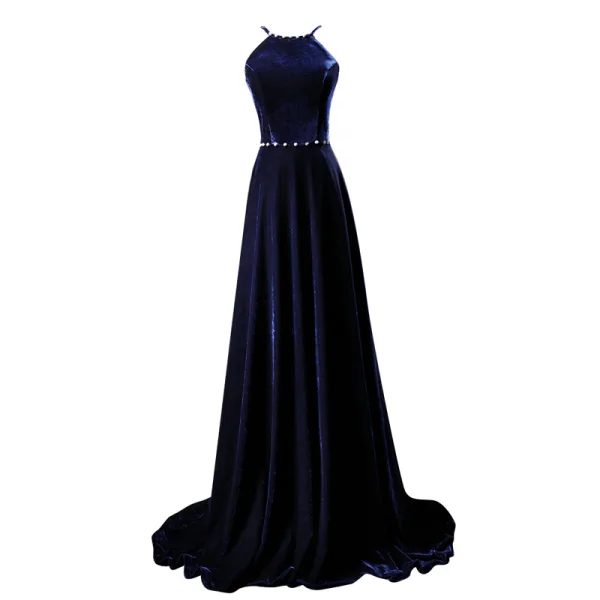 Sexy Marineblau Abendkleider 2019 A Linie Wildleder Neckholder Ärmellos Rückenfreies Sweep / Pinsel Zug Festliche Kleider