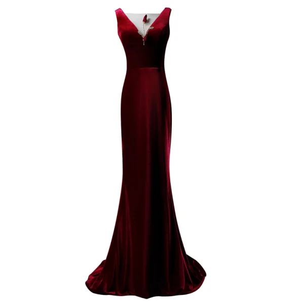 Classic Burgundy Evening Dresses 2019 Trumpet / Mermaid Suede Square Neckline Beading Sleeveless Backless Sweep Train Formal Dresses