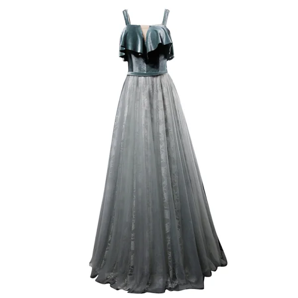 Chic / Beautiful Jade Green Evening Dresses 2019 A-Line / Princess Spaghetti Straps Suede Sleeveless Backless Floor-Length / Long Formal Dresses