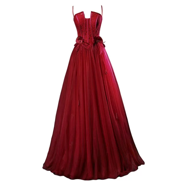 Chic / Belle Bordeaux Robe De Soirée 2019 Princesse Bretelles Spaghetti En Dentelle Fleur Paillettes Faux Diamant Sans Manches Dos Nu Longue Robe De Ceremonie