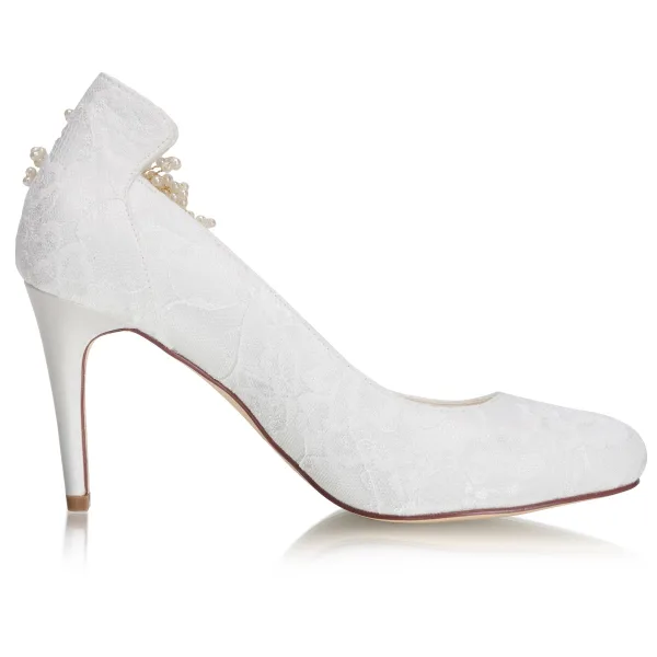 Eleganta Elfenben Satin Spets Pärla Brudskor 2021 8 cm Stilettklackar Spetsiga Bröllop Pumps Högklackade