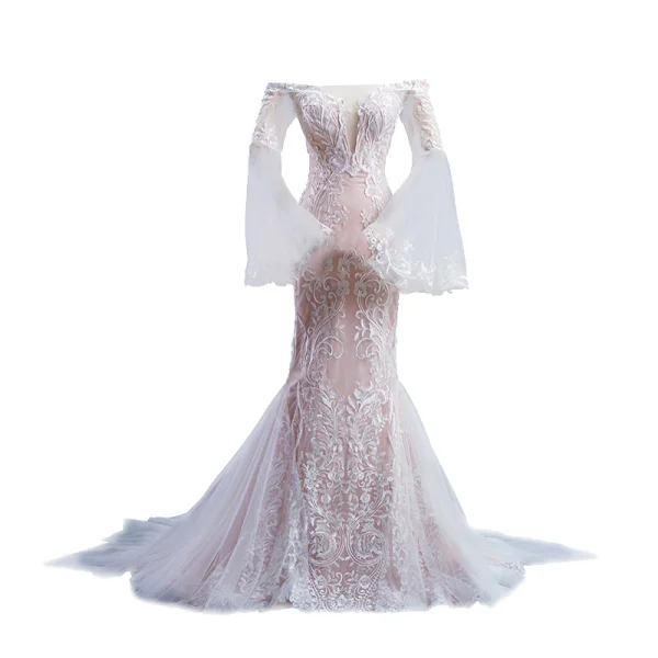 Charming Ivory Wedding Dresses 2023 Trumpet / Mermaid Off-The-Shoulder Lace Flower Long Sleeve Backless Chapel Train