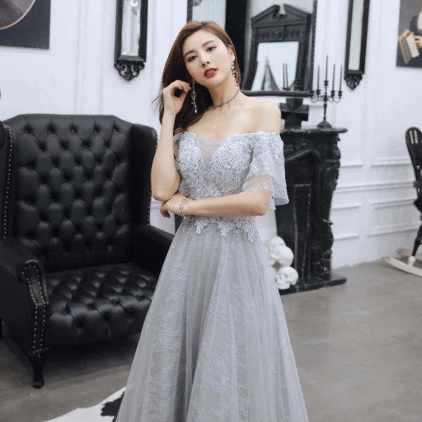 Charming Grey Evening Dresses 2019 A-Line / Princess Off-The-Shoulder Beading Pearl Rhinestone Lace Flower Short Sleeve Backless Floor-Length / Long Formal Dresses
