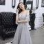 Charming Grey Evening Dresses  2019 A-Line / Princess Off-The-Shoulder Beading Pearl Rhinestone Lace Flower Short Sleeve Backless Floor-Length / Long Formal Dresses