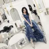Charming Navy Blue Starry Sky Evening Dresses  2019 A-Line / Princess V-Neck Star Sequins Sleeveless Backless Formal Dresses