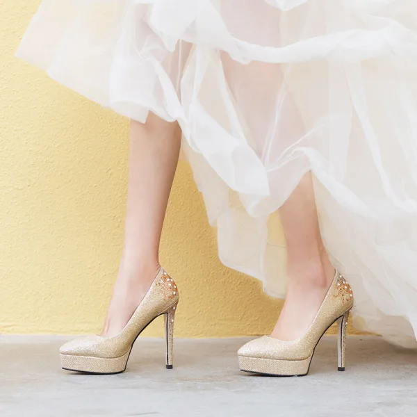 Sparkly Sølv Brudesko 2019 Rhinestone 12 cm Stiletthæler Spisse Bryllup Pumps