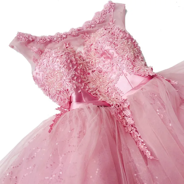 Chic / Belle Rose Bonbon Robe De Fete 2018 Robe Boule Perlage Cristal En Dentelle Appliques Ceinture Encolure Dégagée Sans Manches Dos Nu Courte Robe De Ceremonie