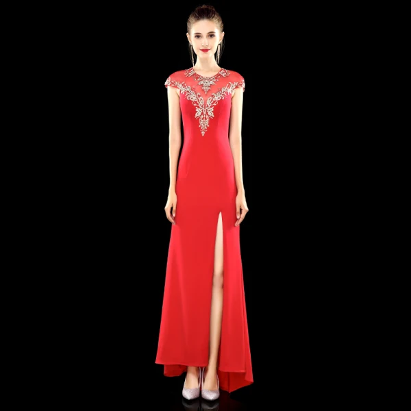 Classy Red Evening Dresses 2019 A-Line / Princess Scoop Neck Rhinestone Lace Flower Cap Sleeves Split Front Floor-Length / Long Formal Dresses