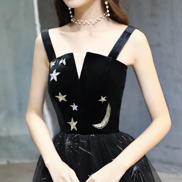 Modern / Fashion Black Homecoming Graduation Dresses 2019 A-Line / Princess Spaghetti Straps Lace Star Sleeveless Backless Tea-length Formal Dresses
