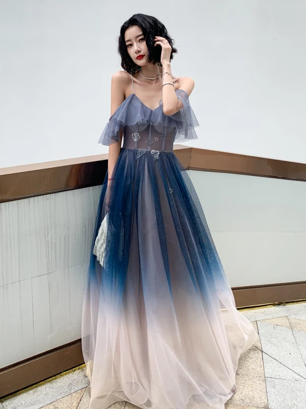 Chic / Beautiful Gradient-Color Evening Dresses 2019 A-Line / Princess Spaghetti Straps Sleeveless Backless Floor-Length / Long Formal Dresses