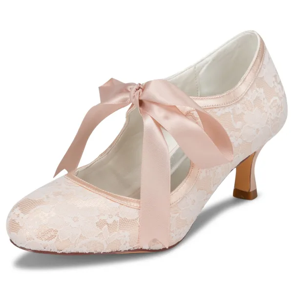 Schlicht Ivory / Creme Satin Spitze Brautschuhe 2021 Schleife 6 cm Stilettos Runde Zeh Hochzeit Pumps Hochhackige