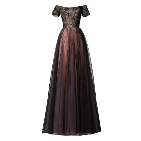 Chic / Belle Chocolat Robe De Soirée 2019 Princesse De l'épaule Perlage En Dentelle Paillettes Manches Courtes Dos Nu Longue Robe De Ceremonie