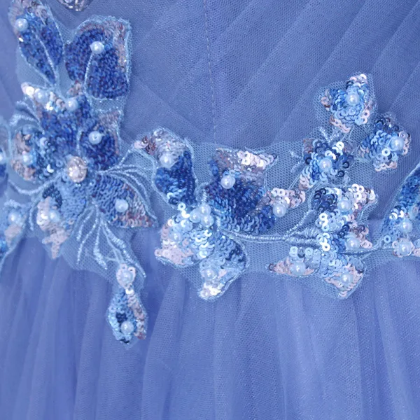 Chic / Belle Bleu Robe De Soirée 2019 Princesse V-Cou Perlage Paillettes En Dentelle Fleur 3/4 Manches Dos Nu Noeud Longue Robe De Ceremonie