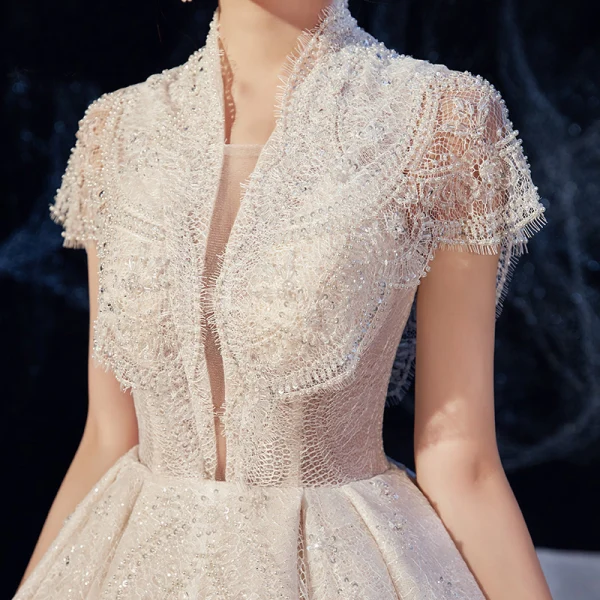Fabulous Champagne Wedding Dresses 2019 A-Line / Princess High Neck Beading Sequins Lace Flower Short Sleeve Royal Train