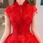 Chic / Belle Rouge Robe De Mariée 2019 Princesse Col Haut Perlage Cristal En Dentelle Fleur Manches Courtes Dos Nu Cathedral Train