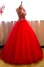Chinese style Transparent Red Prom Dresses 2019 A-Line / Princess High Neck Beading Sequins Crystal Lace Appliques Sleeveless Floor-Length / Long Formal Dresses