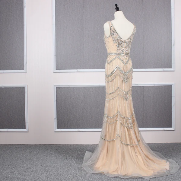 Haut de Gamme Champagne Détachable Avec Châle Robe De Soirée 2019 Trompette / Sirène V-Cou Fait main Perlage Cristal Faux Diamant Sans Manches Dos Nu Train De Balayage Robe De Ceremonie