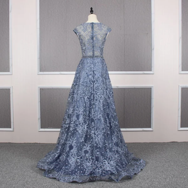 Haut de Gamme Océan Bleu Robe De Soirée 2019 Princesse Encolure Dégagée Fait main Perlage Cristal Faux Diamant En Dentelle Fleur Sans Manches Longue Robe De Ceremonie