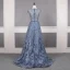 Haut de Gamme Océan Bleu Robe De Soirée 2019 Princesse Encolure Dégagée Fait main Perlage Cristal Faux Diamant En Dentelle Fleur Sans Manches Longue Robe De Ceremonie