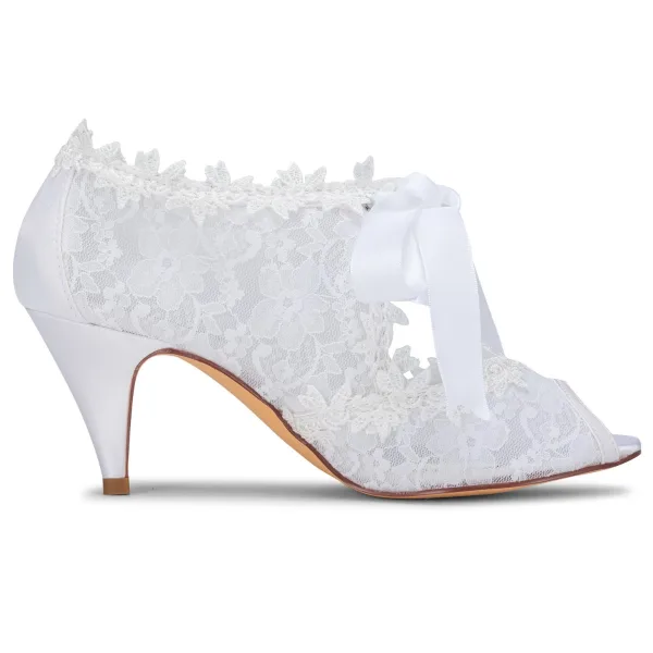 Piękne Białe Satyna Z Koronki Buty Ślubne 2021 Kokarda 6 cm Szpilki Peep Toe Ślub Wysokie Obcasy