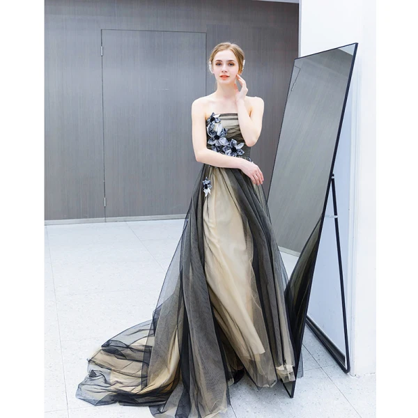 Chic / Beautiful Black Evening Dresses 2019 A-Line / Princess Strapless Beading Appliques Sleeveless Backless Floor-Length / Long Formal Dresses