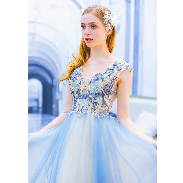 Modern / Fashion Sky Blue Evening Dresses 2019 A-Line / Princess V-Neck Beading Pearl Rhinestone Lace Flower Sleeveless Backless Sweep Train Formal Dresses