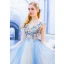 Modern / Fashion Sky Blue Evening Dresses  2019 A-Line / Princess V-Neck Beading Pearl Rhinestone Lace Flower Sleeveless Backless Sweep Train Formal Dresses