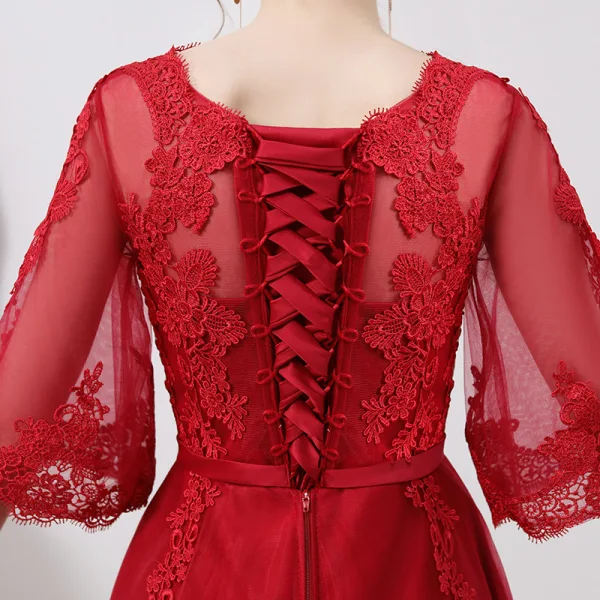 Chic / Beautiful Burgundy Evening Dresses 2019 A-Line / Princess Scoop Neck Appliques Lace Sash 1/2 Sleeves Floor-Length / Long Formal Dresses