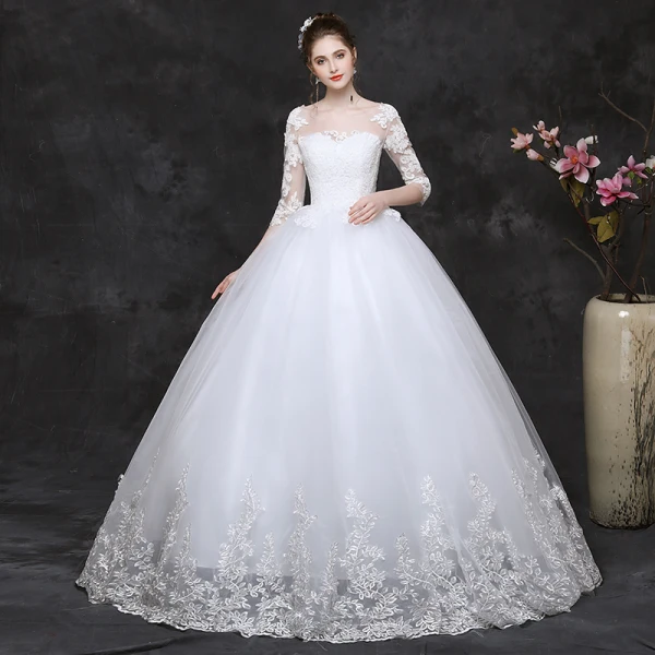 Classy White Pregnant Wedding Dresses 2019 Ball Gown Scoop Neck Appliques Lace 1/2 Sleeves Backless Floor-Length / Long