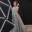 Elegant Grey Evening Dresses  2019 A-Line / Princess Spaghetti Straps Bow Lace Flower Appliques 3/4 Sleeve Backless Floor-Length / Long Formal Dresses