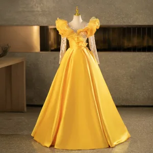 Vintage Retro Yellow Beading Sequins Prom Dresses 2025 Ball Gown Scoop Neck Long Sleeve Backless Floor Length Long Formal Dresses