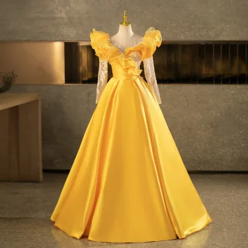 Vintage Retro Yellow Beading Sequins Prom Dresses 2025 Ball Gown Scoop Neck Long Sleeve Backless Floor Length Long Formal Dresses