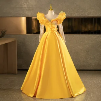 Vintage Gelb Perlenstickerei Pailletten Ballkleider 2025 Ballkleid Rundhalsausschnitt Lange Ärmel Rückenfreies Lange Festliche Kleider