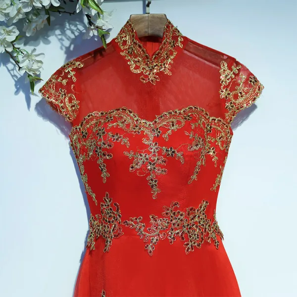 Chic / Beautiful Red Formal Dresses Evening Dresses 2017 Lace Flower Sequins Short Sleeve High Neck Floor-Length / Long A-Line / Princess