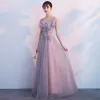 Chic / Beautiful Pearl Pink Prom Dresses 2018 A-Line / Princess Beading Crystal Lace Appliques V-Neck Backless Short Sleeve Floor-Length / Long Formal Dresses