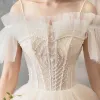 Elegant Champagne Wedding Dresses 2019 A-Line / Princess Spaghetti Straps Beading Sequins Ruffle Short Sleeve Backless Floor-Length / Long