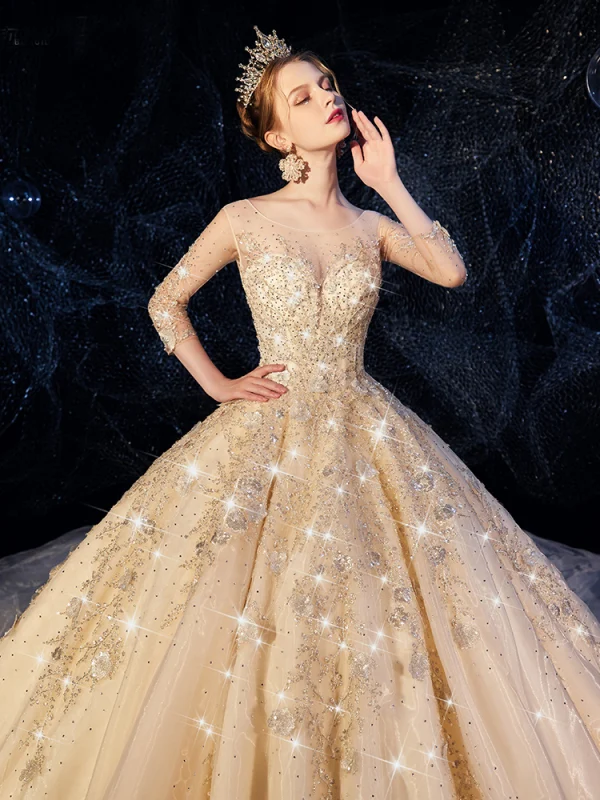 High-end Champagne Wedding Dresses 2019 A-Line / Princess Scoop Neck Beading Appliques Lace Flower Rhinestone 3/4 Sleeve Backless Glitter Royal Train