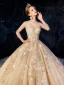 High-end Champagne Wedding Dresses 2019 A-Line / Princess Scoop Neck Beading Appliques Lace Flower Rhinestone 3/4 Sleeve Backless Glitter Royal Train
