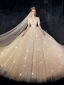 High-end Champagne Bröllopsklänningar 2019 Prinsessa V-Hals Beading Paljetter Spets Blomma Korta ärm Halterneck Cathedral Train