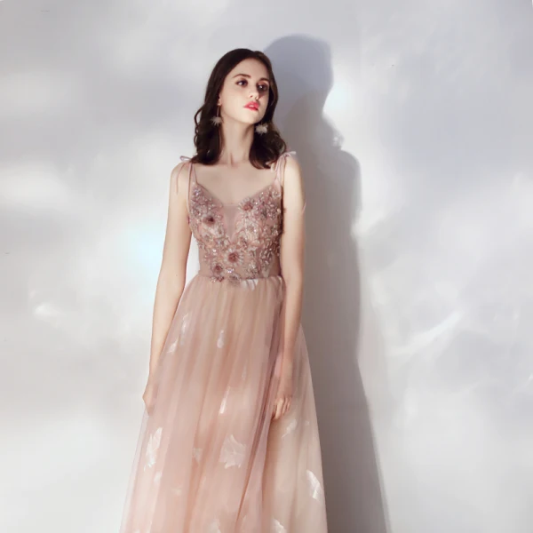 Elegant Pearl Pink Evening Dresses  2019 A-Line / Princess Spaghetti Straps Bow Beading Pearl Lace Flower Appliques Sleeveless Backless Floor-Length / Long Formal Dresses