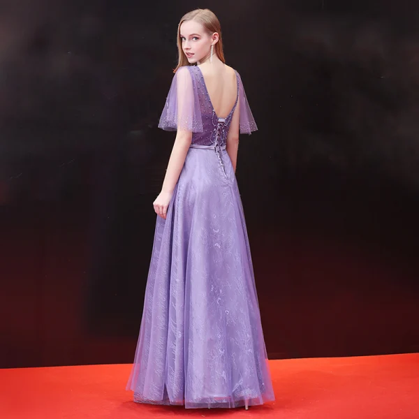 Chic / Beautiful Lilac Evening Dresses 2018 A-Line / Princess Beading Rhinestone Bow V-Neck Backless Short Sleeve Floor-Length / Long Formal Dresses