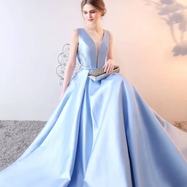 Chic / Beautiful Sky Blue Evening Dresses  2019 A-Line / Princess V-Neck Crystal Lace Flower Sleeveless Bow Floor-Length / Long Formal Dresses