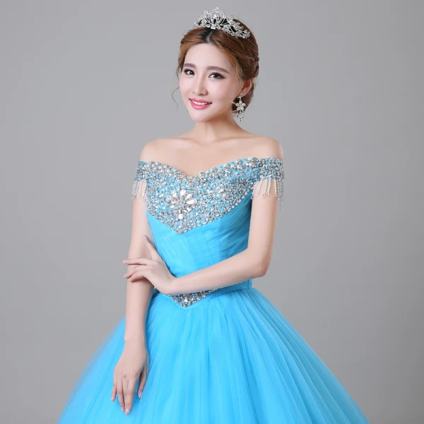Traditional Pool Blue Prom Dresses 2019 Ball Gown Off-The-Shoulder Crystal Pearl Rhinestone Sequins Short Sleeve Backless Floor-Length / Long Formal Dresses