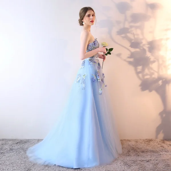 Chic / Belle Bleu Ciel Robe De Soirée 2019 Princesse Bustier Perlage Perle Paillettes Appliques En Dentelle Fleur Sans Manches Dos Nu Longue Robe De Ceremonie